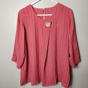 Fridaze Womens Rust Red Stripe 100% Linen 3/4 Sleeve Lagenlook Top-Size L